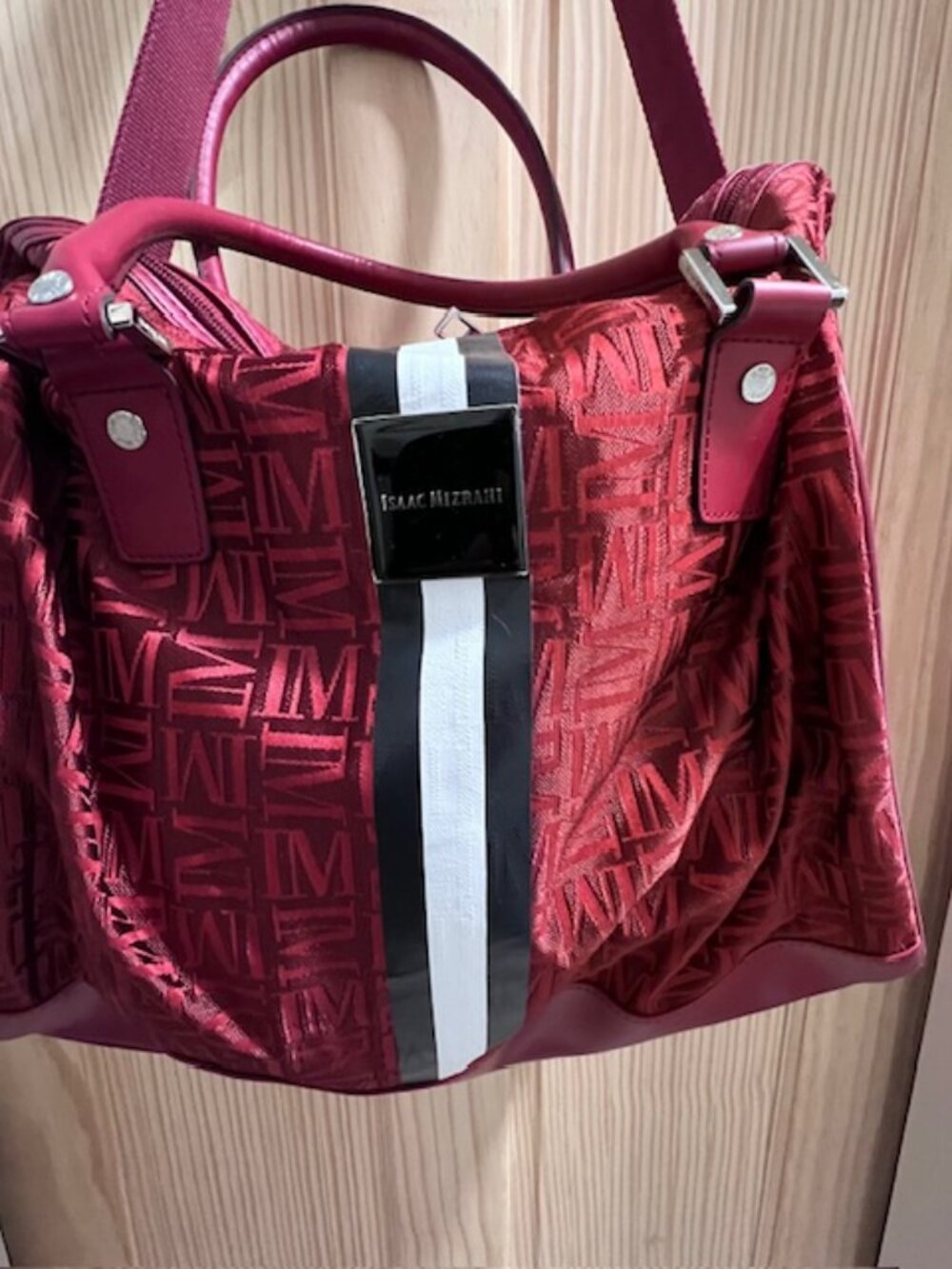 ISAAC MIZRAHI Red Tote duffle Bag Monogram Pattern Spacious w/Handles & Strap‎